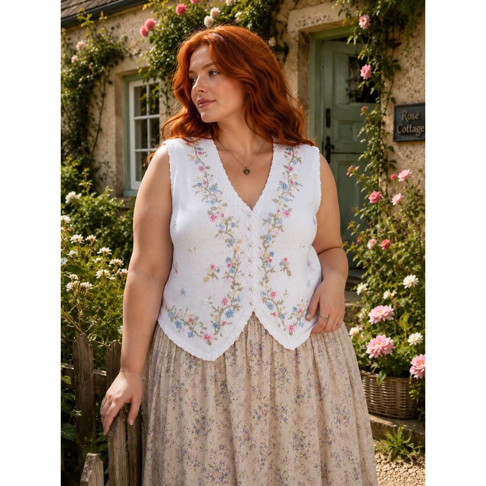 Bydesign Cottagecore Embroidered Sweater Vest Womens 1X White Floral Beaded Knit